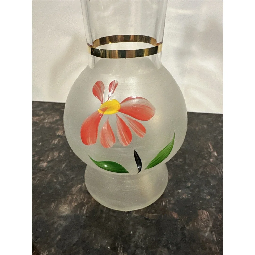 Vintage 9” Frosted Glass Bud Vase Gold Trim Hand Painted Floral Scalloped Rim